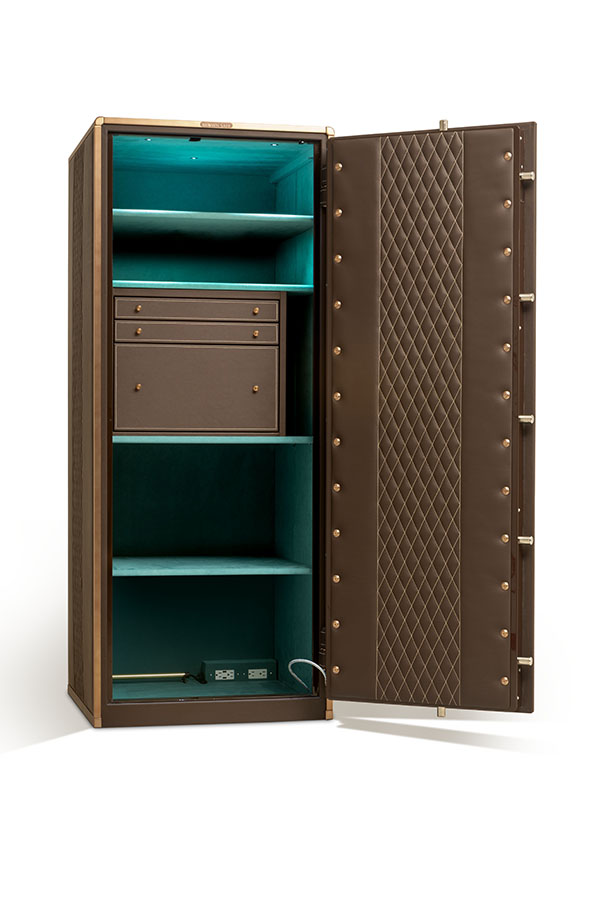 6024 bespoke leather safe in brown with oil-rubbed bronze accents and teal ultrasuede